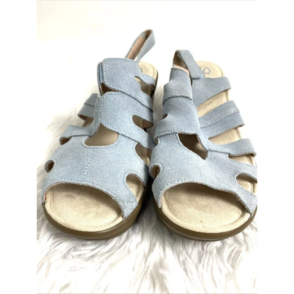 Skechers Memory Foam Womens Wedge Sandals Size 8 Blue Sky Suede Slingback - Picture 3 of 12